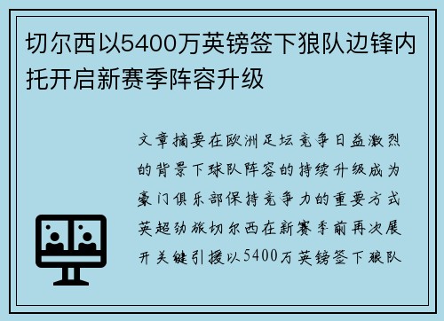 切尔西以5400万英镑签下狼队边锋内托开启新赛季阵容升级